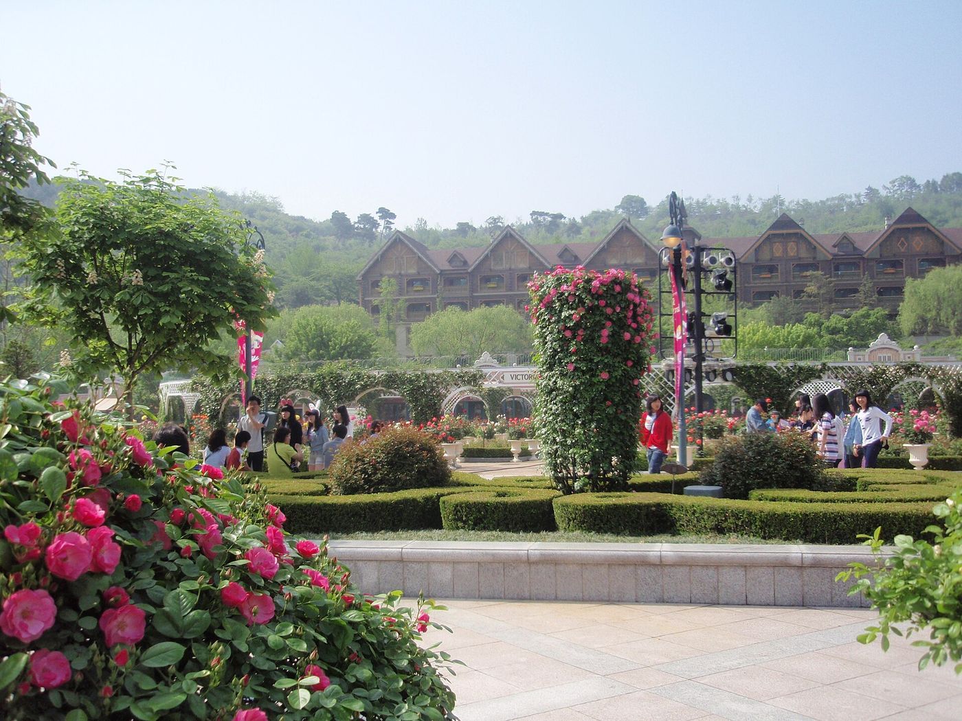 Vườn hoa hồng ở Everland, phía sau là các ngôi nhà mái nhọn